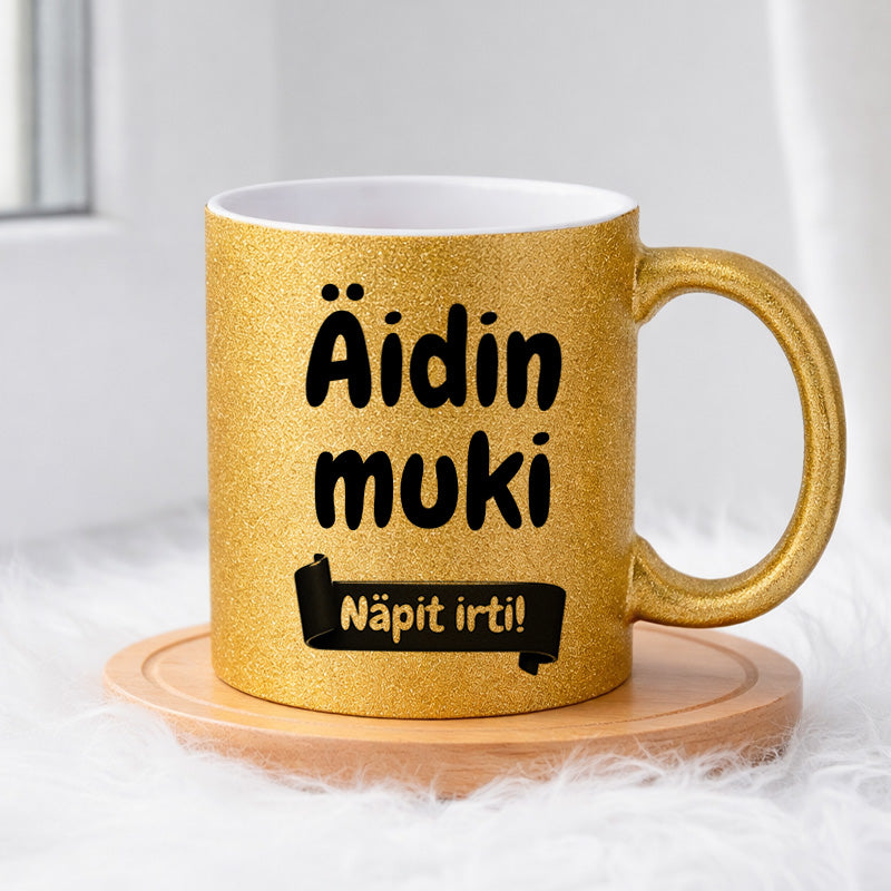 Äidin muki - Näpit irti (0367) | Glittermuki 330ml