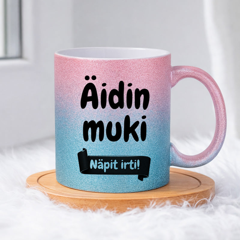 Äidin muki - Näpit irti (0367) | Glittermuki 330ml