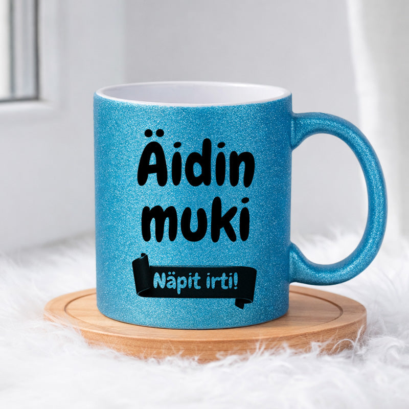 Äidin muki - Näpit irti (0367) | Glittermuki 330ml