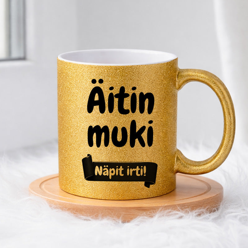 Äitin muki - Näpit irti (0368) | Glittermuki 330ml