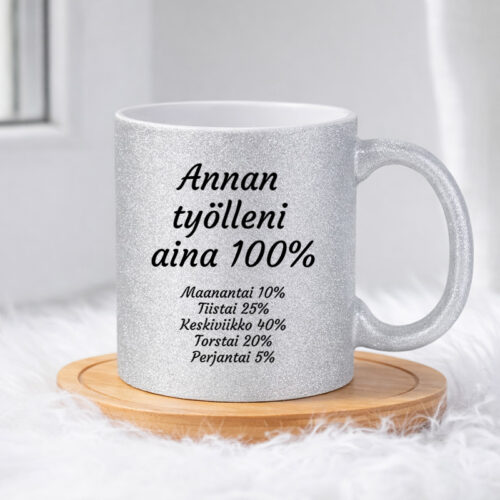 Annan työlleni aina 100% (0038) | Glittermuki 330ml - Image 4